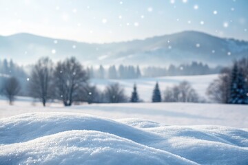 Obraz premium Winter wonderland scenic view with mountains, snow and trees backdrop