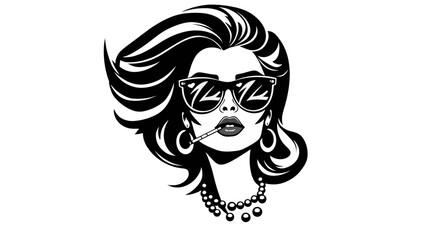 A stylish black and white illustration of a woman wearing sunglasses smoking a cigarette.
