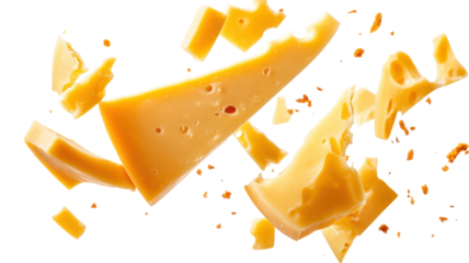 Pieces of delicious cheese flying through the air isolated on transparent background