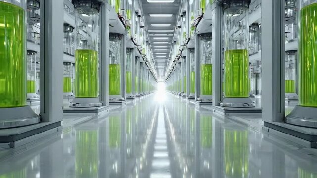 Row of glass-walled bioreactors filled with neon-green liquid in a clean biotech laboratory corridor.