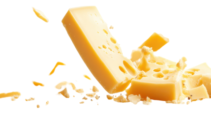 Pieces of yellow cheese falling and breaking apart isolated on transparent background