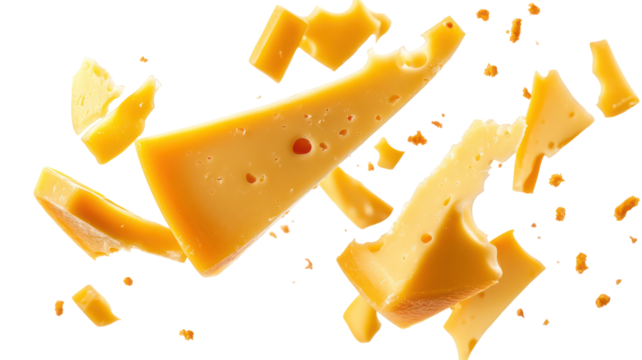 Sharp cheddar cheese pieces breaking apart isolated on transparent background