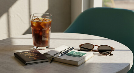 A quiet moment for travel planning with a passport, journal, and a refreshing glass of iced coffee on a sunlit table