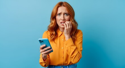 A young woman with red hair looks worried while holding a smartphone in her hand and biting her nails, expressing anxiety and fear