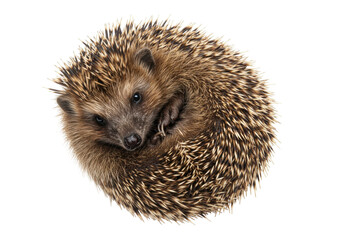 Isolated European hedgehog curled up in a ball, spines visible, ready to protect itself