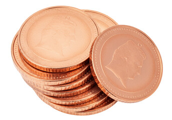 Isolated closeup pile of copper coins, currency of European money showing the face of royalty