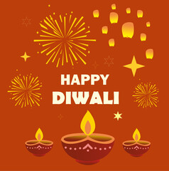 Colorful vector illustration of Happy Diwali celebration featuring traditional oil lamps (diyas), fireworks, and floating lanterns on a warm orange background, symbolizing light, joy, and prosperity