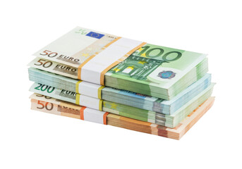 Isolated Stacks of Euro Banknotes, Bundles of Cash, European Currency, Wealth and Finance
