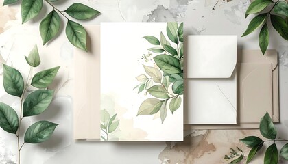 Floral stationery with green leaves, envelopes, and blank cards