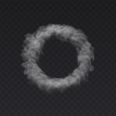 White Ring Smoke Cloud on dark transparent background. Fog circle frame