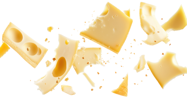 Delicious cheese slices breaking apart isolated on transparent background
