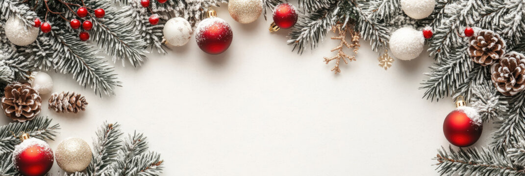 Christmas frame made of frosted fir branches, red and gold ornaments, pine cones and snow on white background with copy space for greeting card, banner or invitation