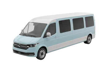 Isolated blue and white passenger van for transporting passengers, isolated on clean surface