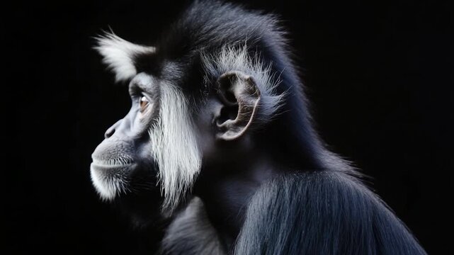 A close-up shot of a monkey's face against a dark background
