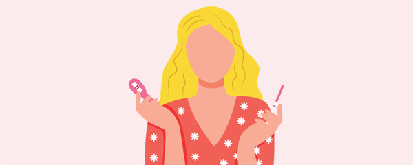 Woman holding positive pregnancy tests on pink background. Pregnancy, planning, and motherhood concept.
