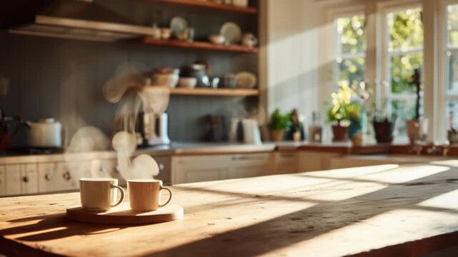Two steaming cups of coffee on wooden table in sunlit kitchen with cozy atmosphere and warm ambiance