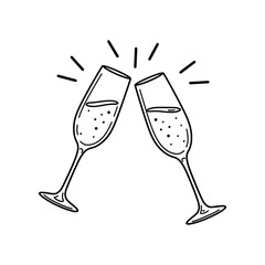 Two champagne glasses toasting with sparkling wine in a celebratory cheers, outlined in black and white style