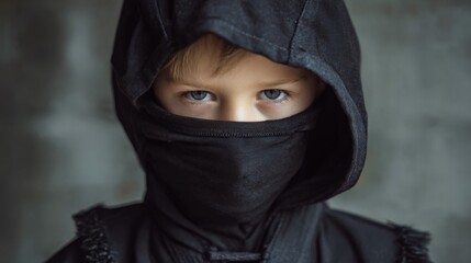 Naklejka premium Young caucasian boy in black hooded ninja costume staring intently