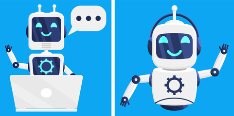 Two chatbot robots on blue background. Robot character with laptop and speech bubble. Robot with headphone waving hand. Support ai.