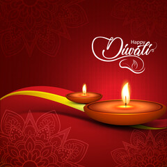 Happy Diwali Festival Greeting Background with Glowing Oil Lamps, Elegant Red Decorative Pattern, Warm Festive Light, and Vibrant Indian Celebration Design for Holiday Card or Poster