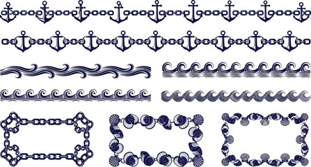 Fototapeta premium Nautical themed vector borders and frames featuring anchors waves and chains perfect for marine-related designs and decorations