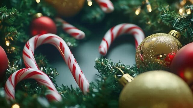 A festive Christmas wreath decorated with candy canes and ornaments, perfect for holiday decorations or gift wrapping