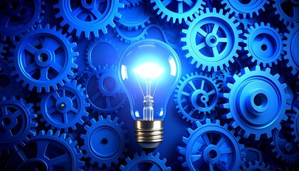 Stunning lightbulb illuminates dynamic blue gears, sparking brilliant innovation and solutions