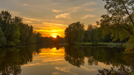 Fototapeta premium shore. Tranquil lakeside view at sunset with calm water reflecting golden hues. inspiring travel planning, travel magazines, designed for outdoor magazines and nature guides.