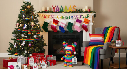Colorful LGBTQ Christmas living room with rainbow decor celebrating inclusivity and joy.
