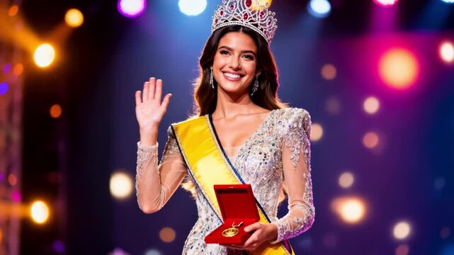 Beauty pageant winner waving on stage under colorful lights, wearing jeweled crown and sash while holding gold medal in presentation box, celebration and award ceremony moment