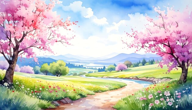 A vibrant watercolor landscape depicting a sunny meadow with cherry blossom trees in full bloom. A winding path leads towards a serene valley