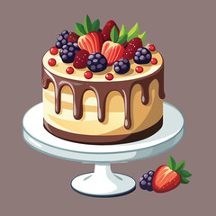 Realistic Cake Illustration,Chocolate and Berry Dessert Cake Vector,Fresh Fruit Cake Vector,Tasty Dessert Cake Illustration,