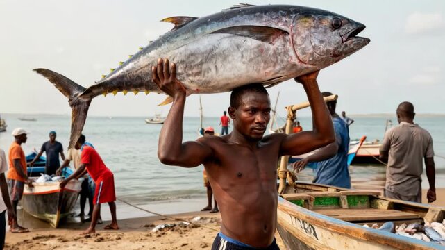 Fisherman carrying large tuna on shoulder at coastal landing site in the afternoon, small-scale seafood harvest and teamwork with wooden boats and crew on a sandy beach