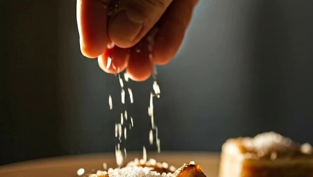 A hand sprinkles salt over food. Light accents the hand and salt as it falls. Food is at the bottom
