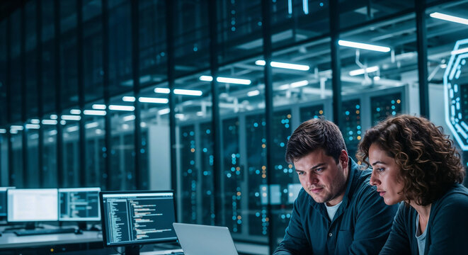 Software developers in data center collaborate on project analyzing code