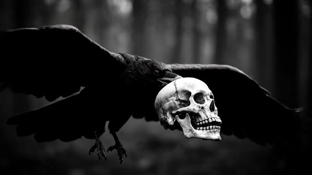 Raven Carrying Skull in Dark Forest - A black and white video depicts a raven in flight, carrying a human skull in its beak. The bird is silhouetted against a dark, moody forest background.