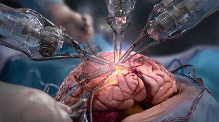 3D surgical simulation render showing instruments removing brain tumour, hyper-realistic textures, medical accuracy