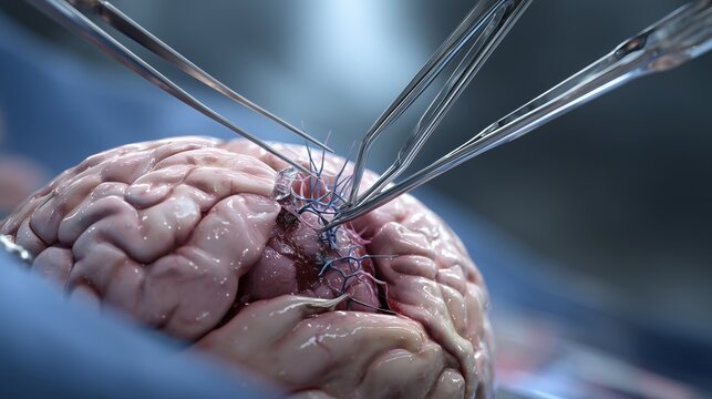 Brain tumour removal, close-up view of instruments near tumour mass, realistic depiction, high-quality medical art