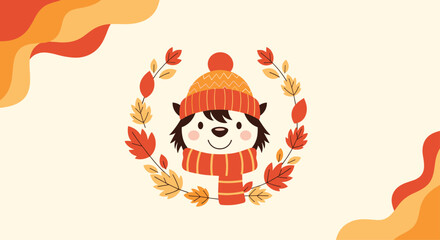Cute cartoon wolf wearing a winter hat and scarf surrounded by autumn leaves.