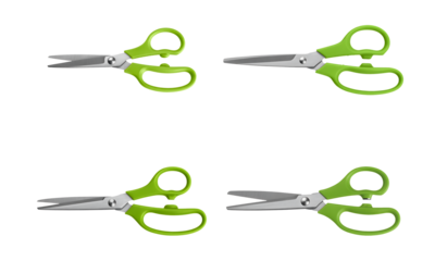 Green handle scissors isolated on white background for cutting or craft tool concept
