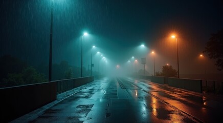 Street light that is on a rainy night