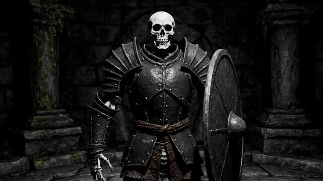 Skeleton Knight in Dark Medieval Setting - A skeletal knight, clad in dark armor and wielding a large shield, stands in a dimly lit stone chamber.