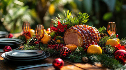 Glazed baked ham centerpiece on a cheerful outdoor Christmas dining table, surrounded by pine branches, cranberries and festive decorations for a warm holiday feast