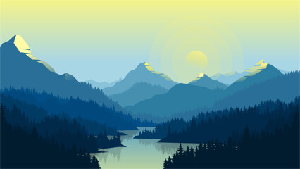 Blue Flat Design Mountain Range with Forest and Lake