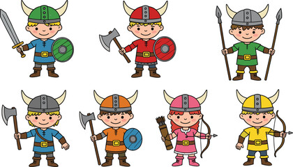 Cartoon Viking warrior kids wearing helmets, holding swords, axes, spears, bows, and shields, cute historic character vector illustration