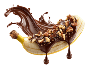 Melted chocolate cascades over a banana topped with nuts