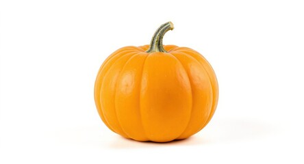 Obraz premium Vibrant orange pumpkin sits centered on a white background, curved shape, stem