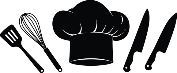 Culinary kitchen tools silhouettes, chef hat illustration, cooking utensils design, professional kitchen art, food preparation icons, modern culinary graphic set