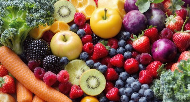 Vibrant assortment of fruits and vegetables in a colorful, close-up still life