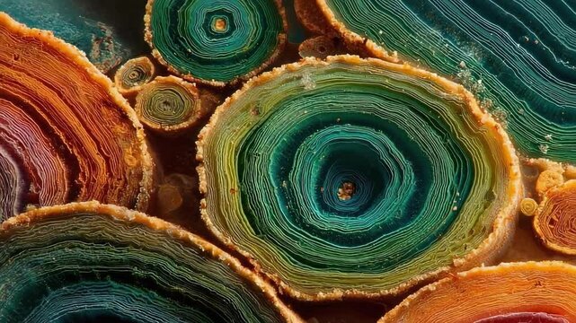 Colorful agate slices with concentric ring patterns.